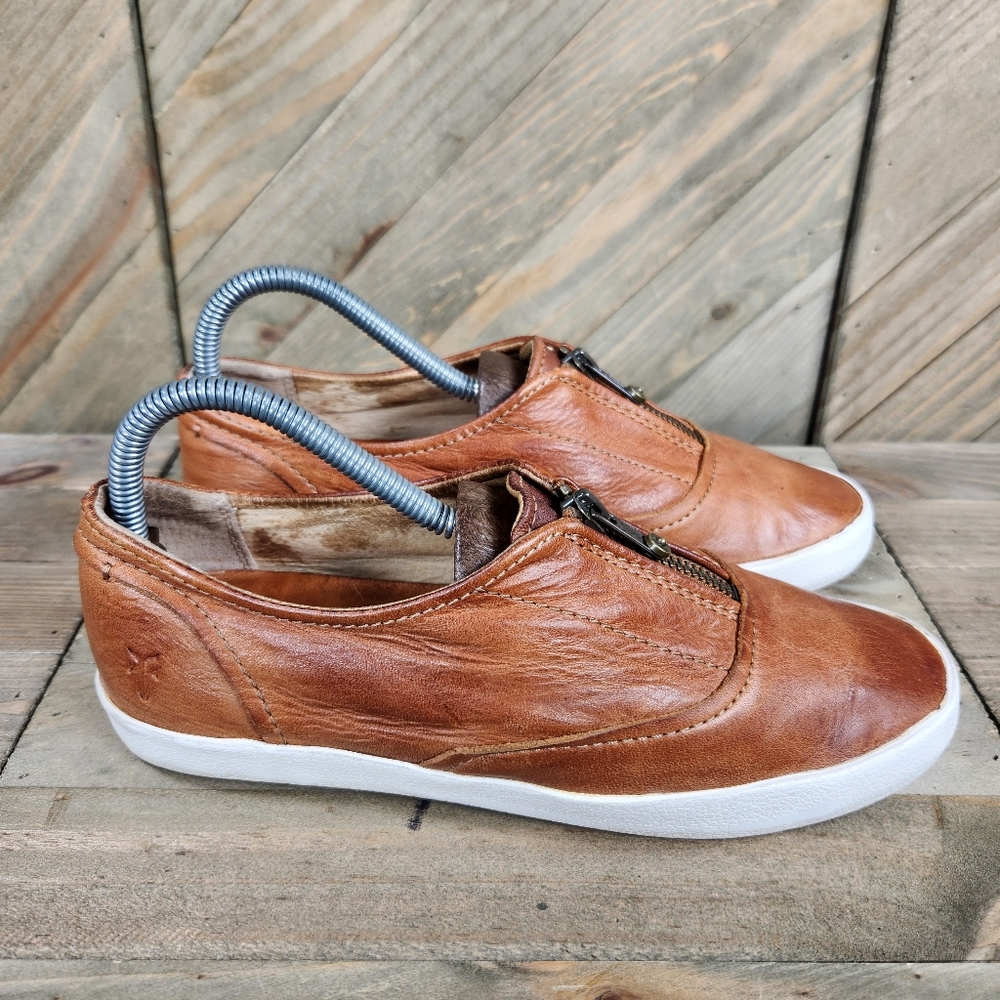 FRYE Lena Zip Low Womens Leather Comfort Sneakers Size 6.5 Brown Designer